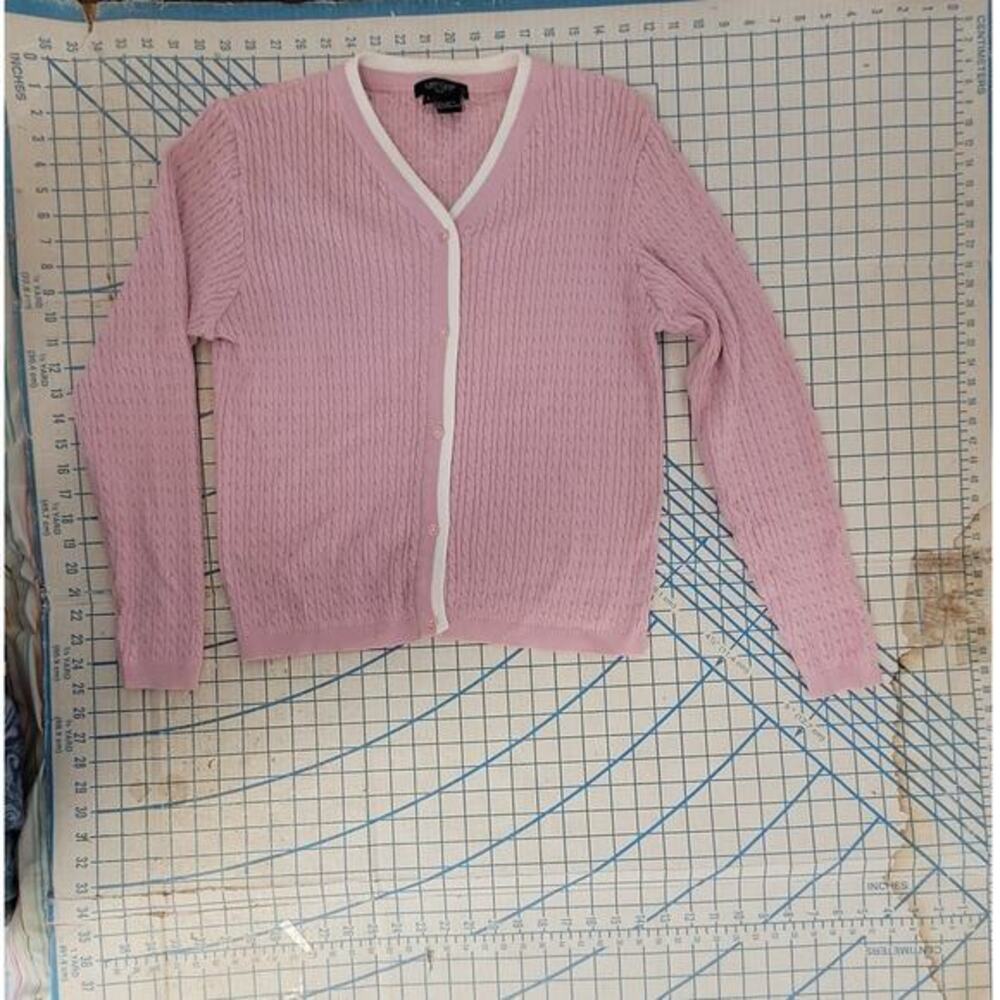 Karen Kane Golf Pink Cream Preppy Old Money Cable Knit Cardigan‎ Jacket Sweater - Picture 5 of 11
